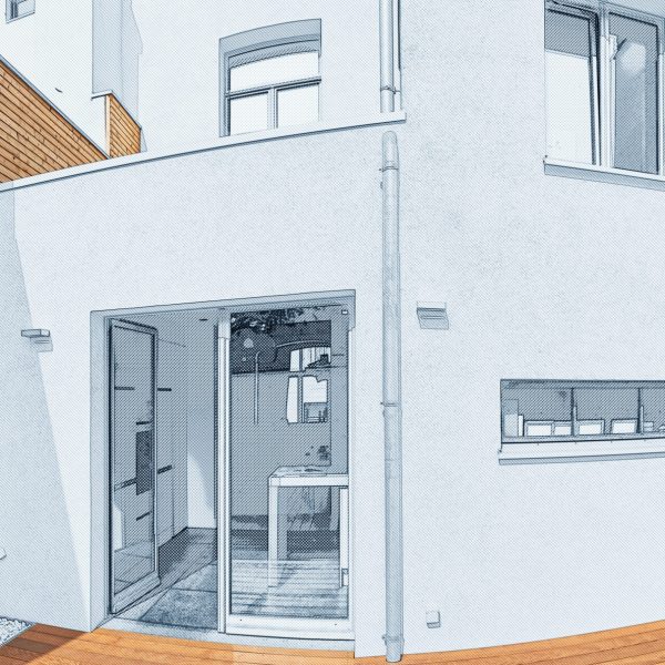 Planned remodel of courtyard with insulating wooden cladding wall